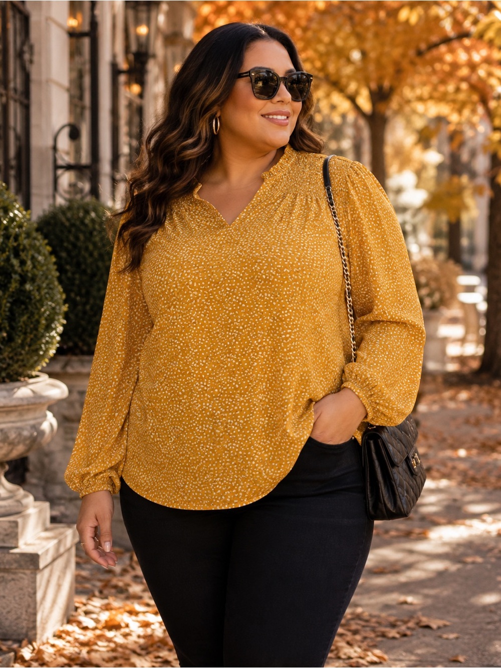 🔥Adrianna Papell Mustard Blouse Size 2X Smocked Shoulder Boho Flowy Top